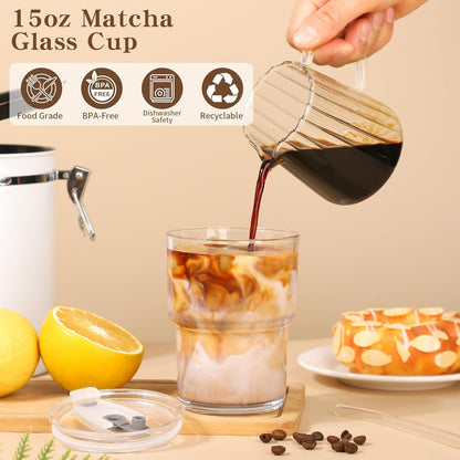15oz Iced Coffee Cups with Lids Reusable,2Pcs Glass Matcha Cups,Glass Cups with Lids and Straws,Clear Glass Coffee Tumbler for Drinking Water,Tea,Juice