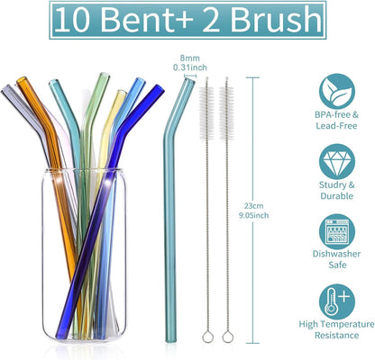 10 Pcs Reusable Bent Short Glass Straws,6''x8 mm Colorful Glass Straws Shatter Resistant with 2 Cleaner Brush for Short Tumblers,Whiskey&Cocktail Glasses Cups,Coffee Mugs