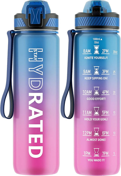 QLUR Water Bottle with Straw, 32oz Motivational Water Bottles with Time Marker to Drink, Tritan BPA Free, 1L Sports Water Bottle with Carry Strap LeakProof for Women Gym Fitness Outdoor (1 Pack)