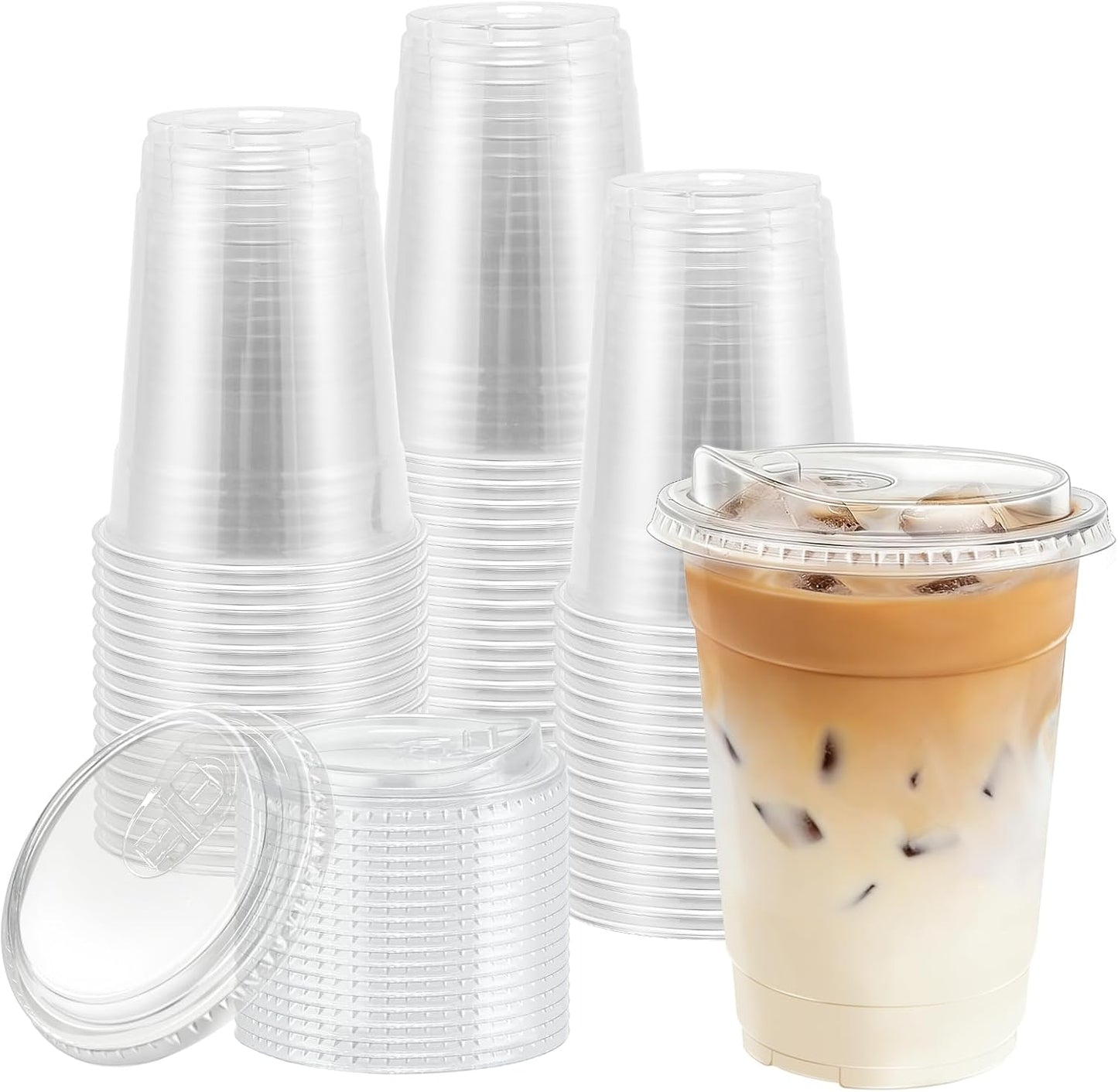 BYSNOW 100 Pack 16 oz Clear Plastic Cups with Lids, Disposable Iced Coffee Cups with Sip Lids, Sturdy Plastic Smoothie Cups for Cold Drinks