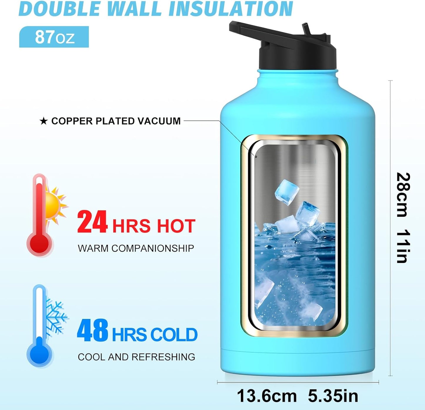 40oz Insulated Water Bottle (Cold for 48 Hrs),BPA Free&Leak Proof,Stainless Steel Water Flask,Water Jug with Straw Spout Lids for Gym,Hiking,Travel,Black Blue