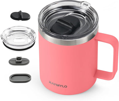 RAYMYLO Insulated Coffee Mug 12 oz, Double Wall Stainless Steel Coffee Mug with Lids, Leak-Proof & Detachable Slider Lid for Thorough Clean, Keeps Coffee Cold for 9 Hrs, Suitable for Camp Home Office