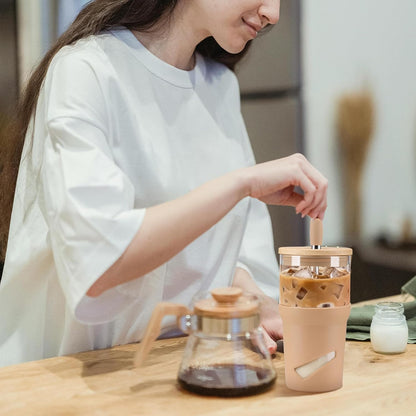 Glass Tumbler with Lids and Straws, 20 oz Iced Coffee Cup and Smoothie Cup with Bamboo Lid and On the go Lid,Glass Cups With Straws