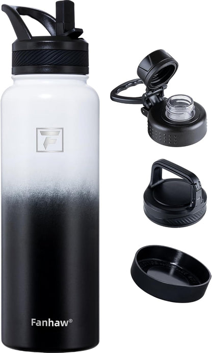 Fanhaw 40 oz Insulated Water Bottle – Stainless Steel Flask with 3 Lids (Straw, Spout, Carabiner) | Durable, Leakproof, for Hiking, Camping, Outdoor Adventures & Travel (Green Blue)
