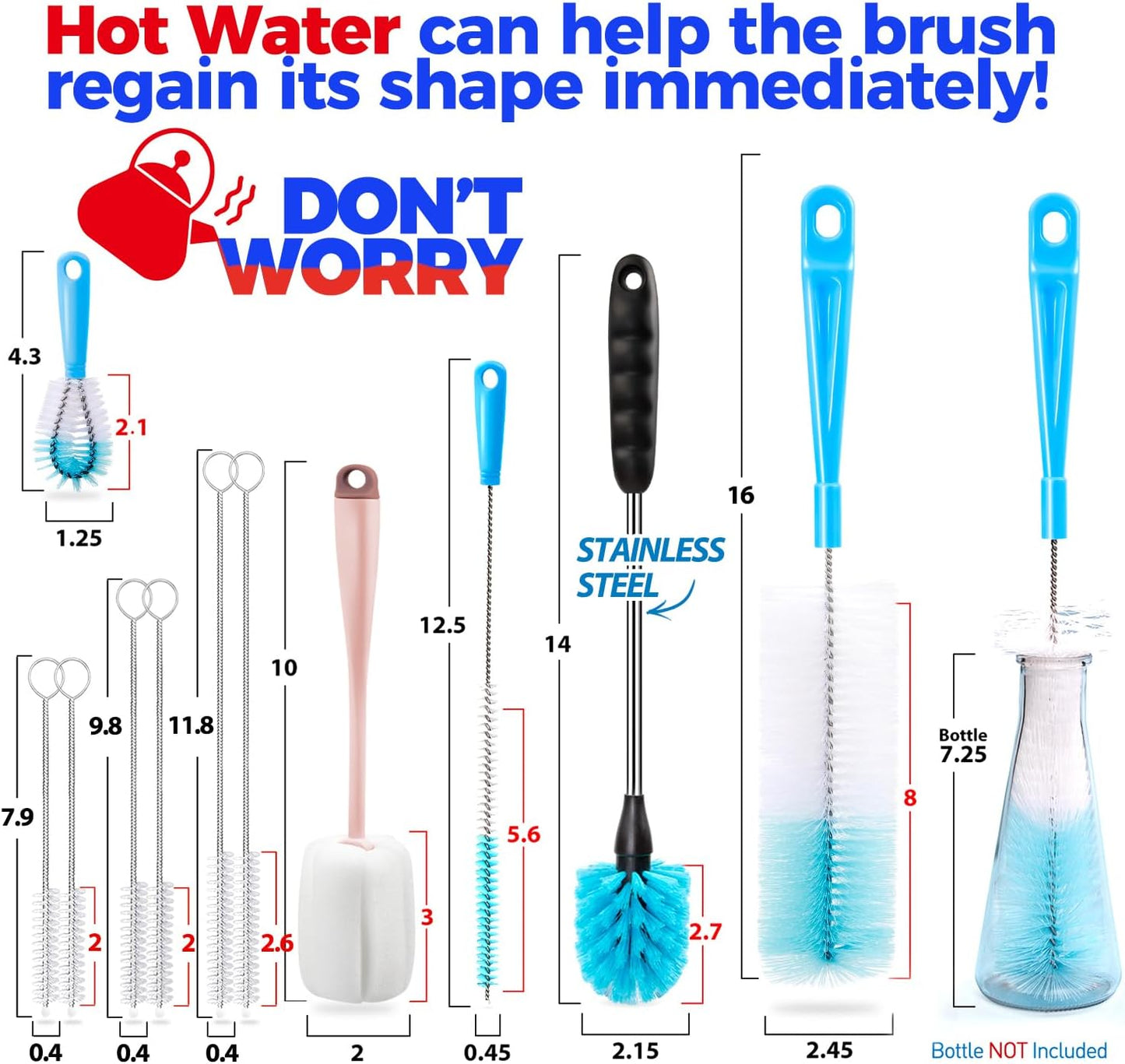 Holikme Bottle Brush Tube Cleaning Lab Set with Long Handle, Cup Cleaner for Washing Narrow Neck Beer Wine Decanter Pipes Lids Sinks Cap Covers, White