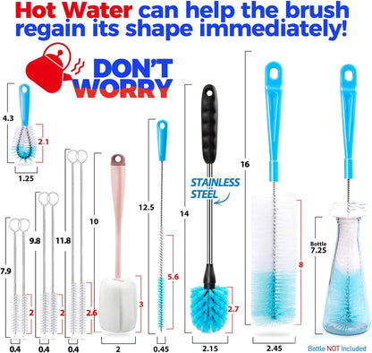 Holikme Bottle Brush Tube Cleaning Lab Set with Long Handle, Cup Cleaner for Washing Narrow Neck Beer Wine Decanter Pipes Lids Sinks Cap Covers, White