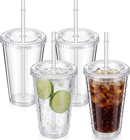 Nuogo 4 Pieces Insulated Double Wall Plastic Tumbler with Lids and Straws Reusable Transparent Plastic Cup 16 oz Tumbler Bulk for Coffee Drinks Milk Tea Juice, Pink, Blue, Green, Purple