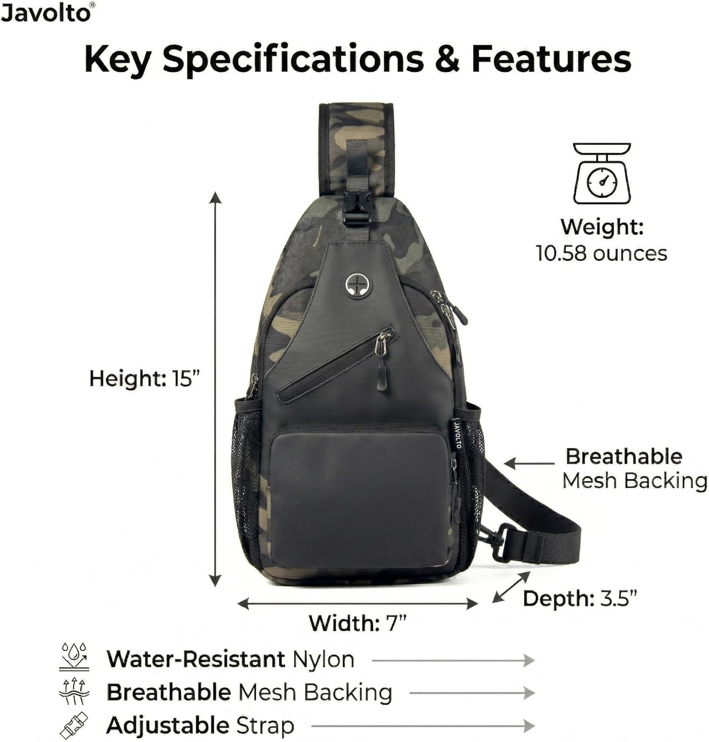 Javolto Sling Bag for Men Crossbody Backpack, Small Sling Backpack Mens Shoulder Bag, Casual Daypack Hiking Bag for Travel