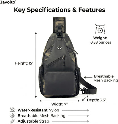 Javolto Sling Bag for Men Crossbody Backpack, Small Sling Backpack Mens Shoulder Bag, Casual Daypack Hiking Bag for Travel