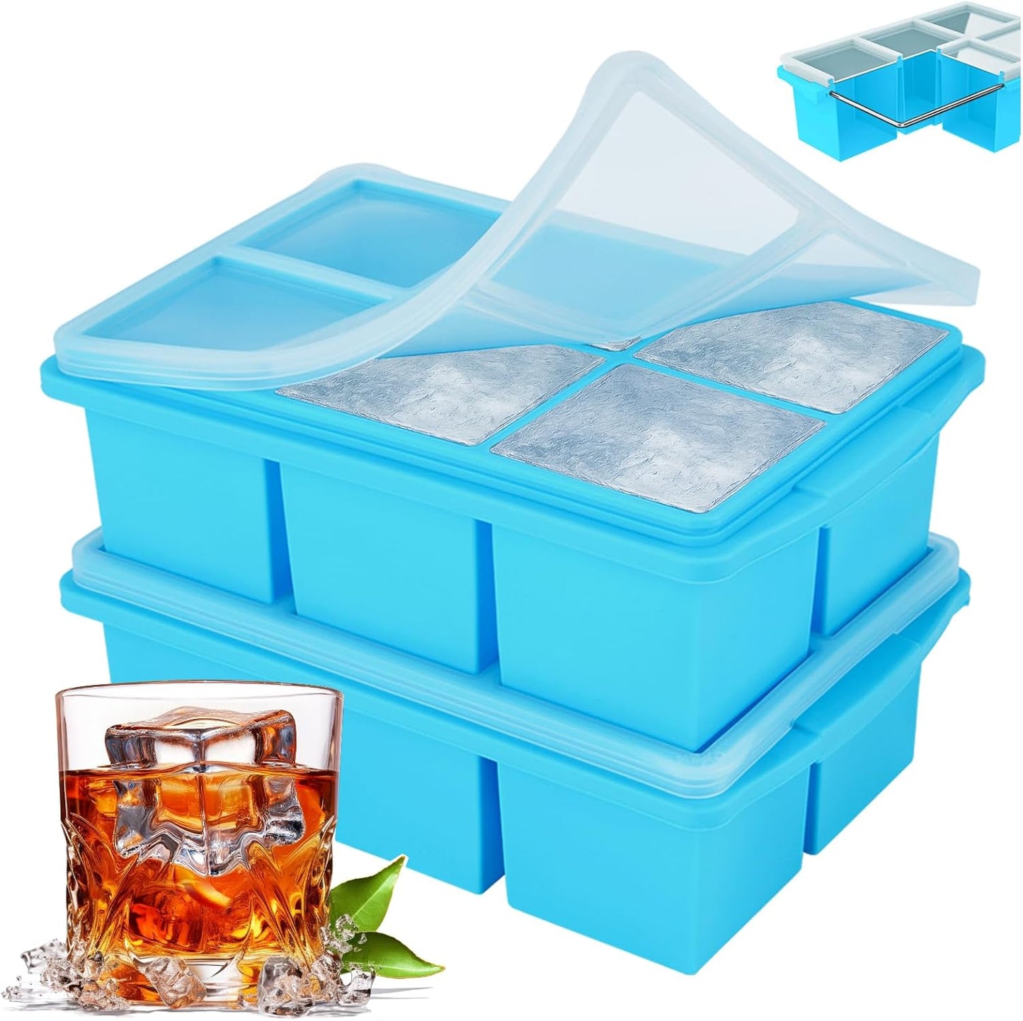 Large Ice Cube Trays for Whiskey, Silicone Ice Cube Tray, with Reinforced Steel Ring Top, Makes 12 perfect 2-in ice cubes, Square Ice Tray for Cocktails, Whiskey, Coffee. (2 Pack)
