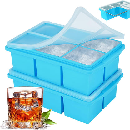 Large Ice Cube Trays for Whiskey, Silicone Ice Cube Tray, with Reinforced Steel Ring Top, Makes 12 perfect 2-in ice cubes, Square Ice Tray for Cocktails, Whiskey, Coffee. (2 Pack)