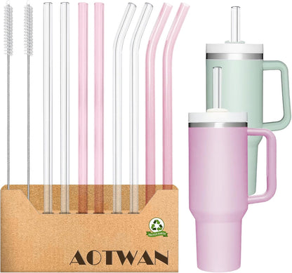AOTWAN Glass Straws for Stanley 10 Pack 40/30 oz Tumbler,12inch Replacement Straw for Stanley 4 Straight and 4 Bent with 2 Brushesh,Reusable Glass Straws for Stanley Cup