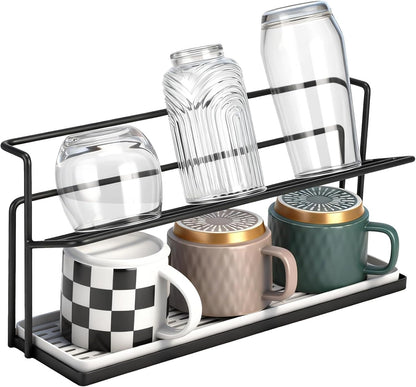 Water Bottle 2 Tier Water Bottle Drying Rack with Drain Tray, Space Saving Metal Cup Holder for Countertop, Compact Kitchen Organizer for Tumblers, Glasses, Mugs and Bottles (Black)