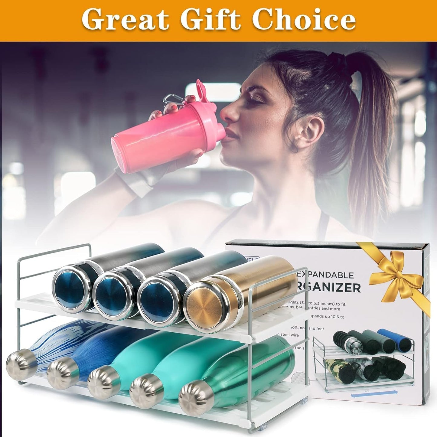 10.6-16.7" Adjustable Width Water Bottle Organizer for Cabinet, 3-Tier Expandable Water Bottle Holder Rack, Cup and Tumbler Storage for Kitchen Organization, Sports Flask, Insulated Travel Mug, Fridge
