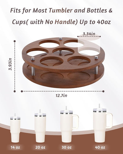 Rotating Wood Tumbler Organizer, 30 oz 40 oz Spinning Turnable Tumblers Holder, 360° Rotatable 7 Large Cups Bottle Tumbler Storage Display Stand, Rotate Syrup Organizer for Cabinet Countertop
