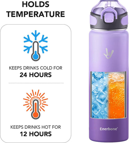 Enerbone 24 oz Insulated Water Bottle, Stainless Steel Bottle with Carrying Strap, Double-Wall Vacuum Insulation Design, Leakproof Sports Bottle with Straw, Keep Drinks Cold or Hot for Hours