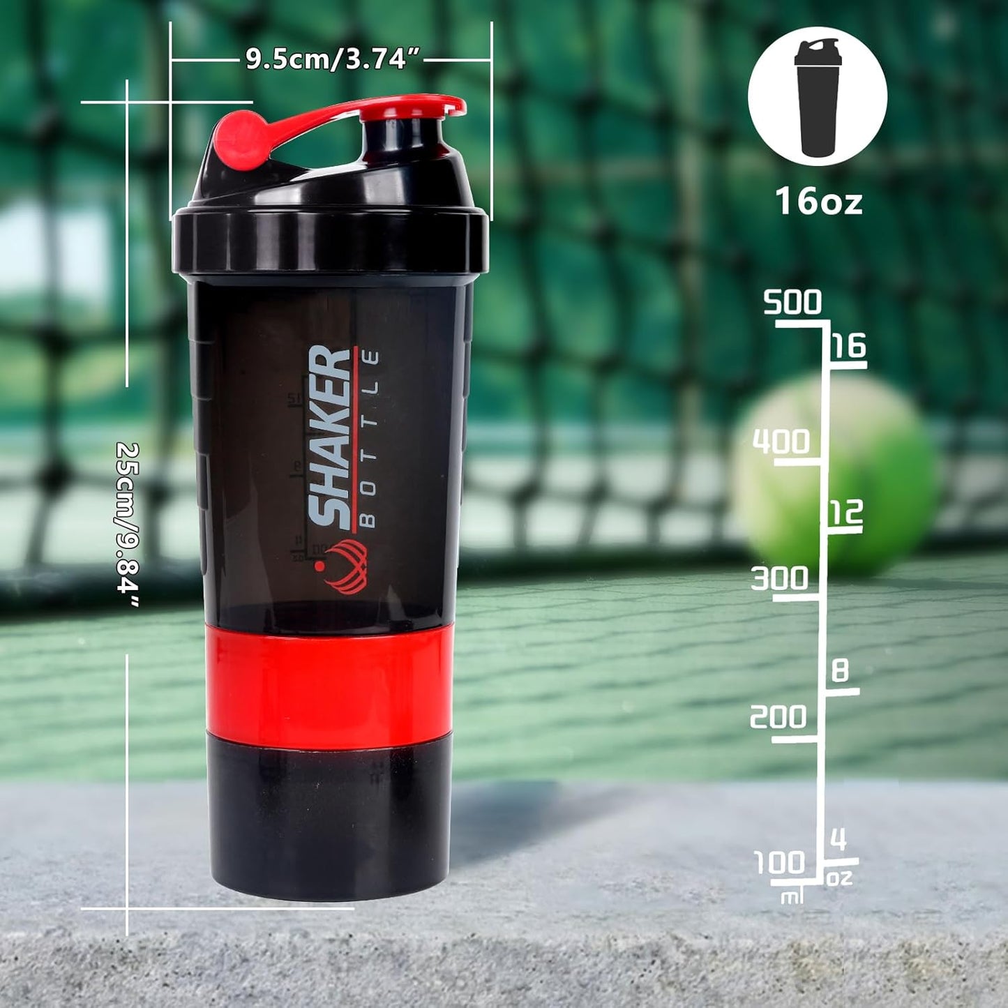 XTK Shaker Bottle 16OZ Protein Shaker Bottles with Mix Ball Sports Water Bottle Leak Proof GYM Cup for Protein Mixes with Powder Storage & Pill Organizer, Ideal for Pre Workout,BPA Free(black)