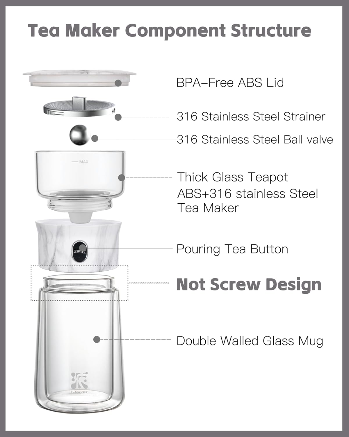 ZENS Modern Glass Infuser Teapot, One Touch Tea Maker for Loose Leaf Tea with Insulated Mug and Portable Case. Enchanted Pot Alternatives for Tea Lover Gifts