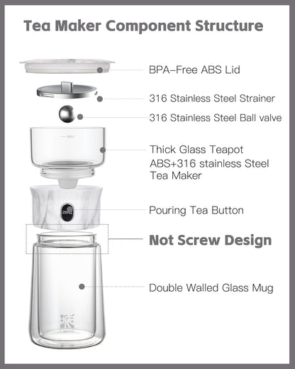 ZENS Modern Glass Infuser Teapot, One Touch Tea Maker for Loose Leaf Tea with Insulated Mug and Portable Case. Enchanted Pot Alternatives for Tea Lover Gifts