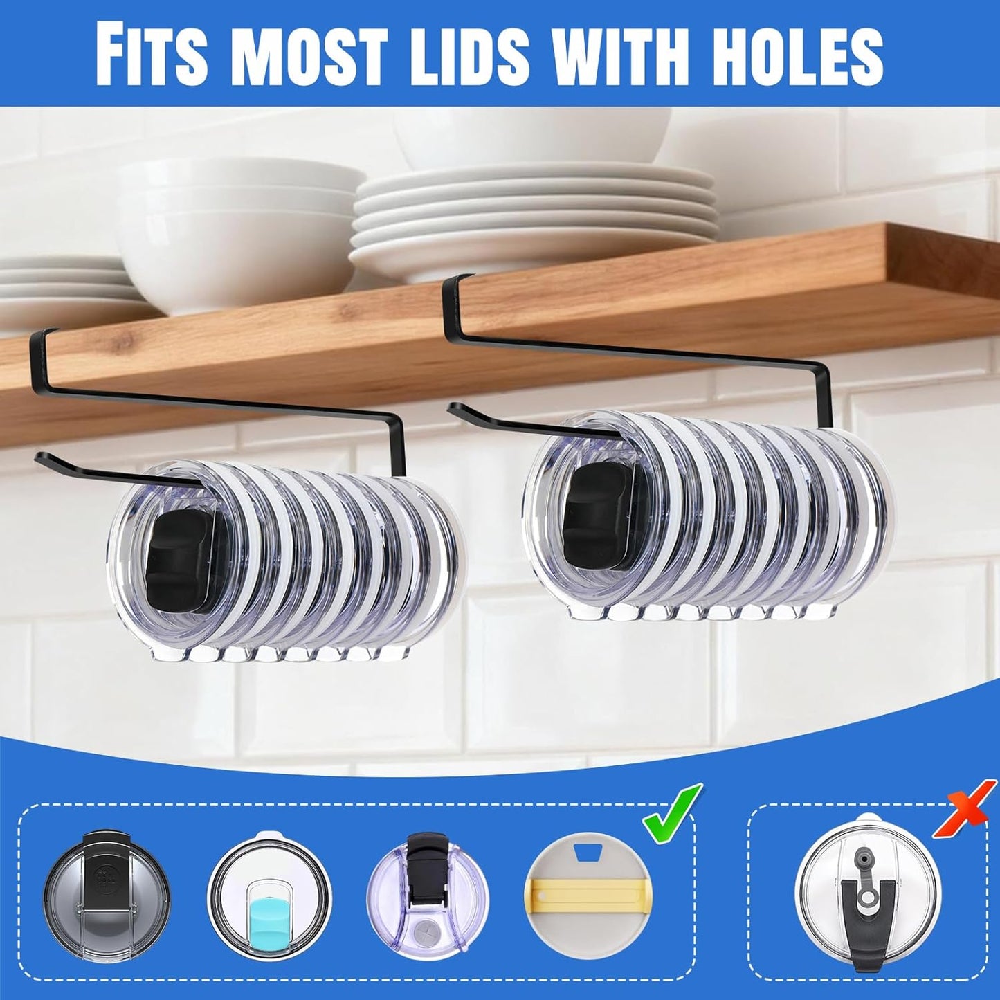 2 Pack Tumbler Lid Organizer, Versatile Cup & Water Bottle Lid Holder, Upgraded Kitchen Space Saver & Under Cabinet Storage, No Adhesive or Drilling Needed, Multi-Use Tumbler Lid Holder, Black