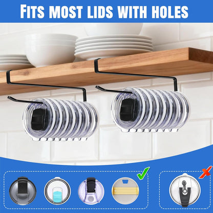 2 Pack Tumbler Lid Organizer, Versatile Cup & Water Bottle Lid Holder, Upgraded Kitchen Space Saver & Under Cabinet Storage, No Adhesive or Drilling Needed, Multi-Use Tumbler Lid Holder, Black