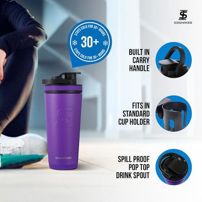 Ice Shaker Insulated Stainless Steel Shaker Bottle | 26oz, Black | Cold for 30+ Hours | Insulated Cup with Twist-on Agitator | Odor-Free Bottle for Protein Shakes, Water, Smoothies, Cocktails