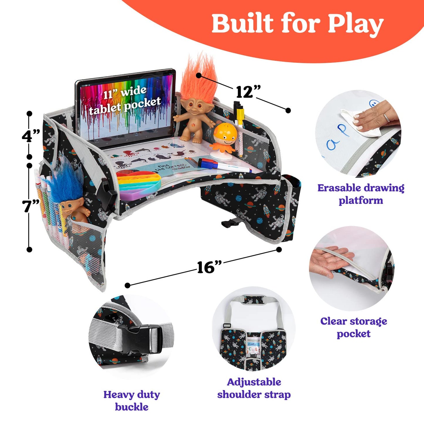 PILLANI Kids Travel Tray for Car - Car Seat Tray with Activity Sheets & Pens, Road Trip Essentials for Car & Airplane, Must Have Toddler Travel Lap Desk Accessories - Road Trip Activities for Kids