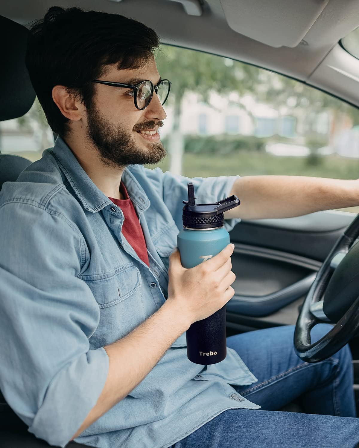 Trebo 40 oz Water Bottle Insulated Fit Car Cup Holder with Handle, Stainless Steel Water Bottles Tumbler with Spout Straw Lids, Double Wall Travel Reusable Flask, Leakproof Mug,Keep Cold &Hot,Black