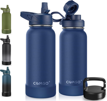 CIVAGO 32 oz Insulated Water Bottle With Straw, Stainless Steel Sports Water Cup Flask with 3 Lids (Straw, Spout and Handle Lid), Wide Mouth Travel Thermal Mug, Black