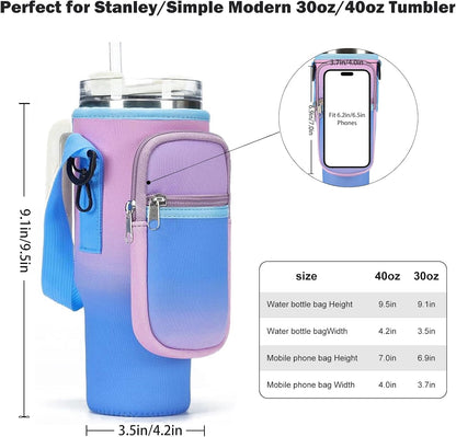 GOEWY Water Bottle Carrier Bag for Stanley 40/30 oz Tumbler with Phone Pocket Neoprene Water Bottle Holder with Shoulder & Handheld Strap Stanley Cup Accessories