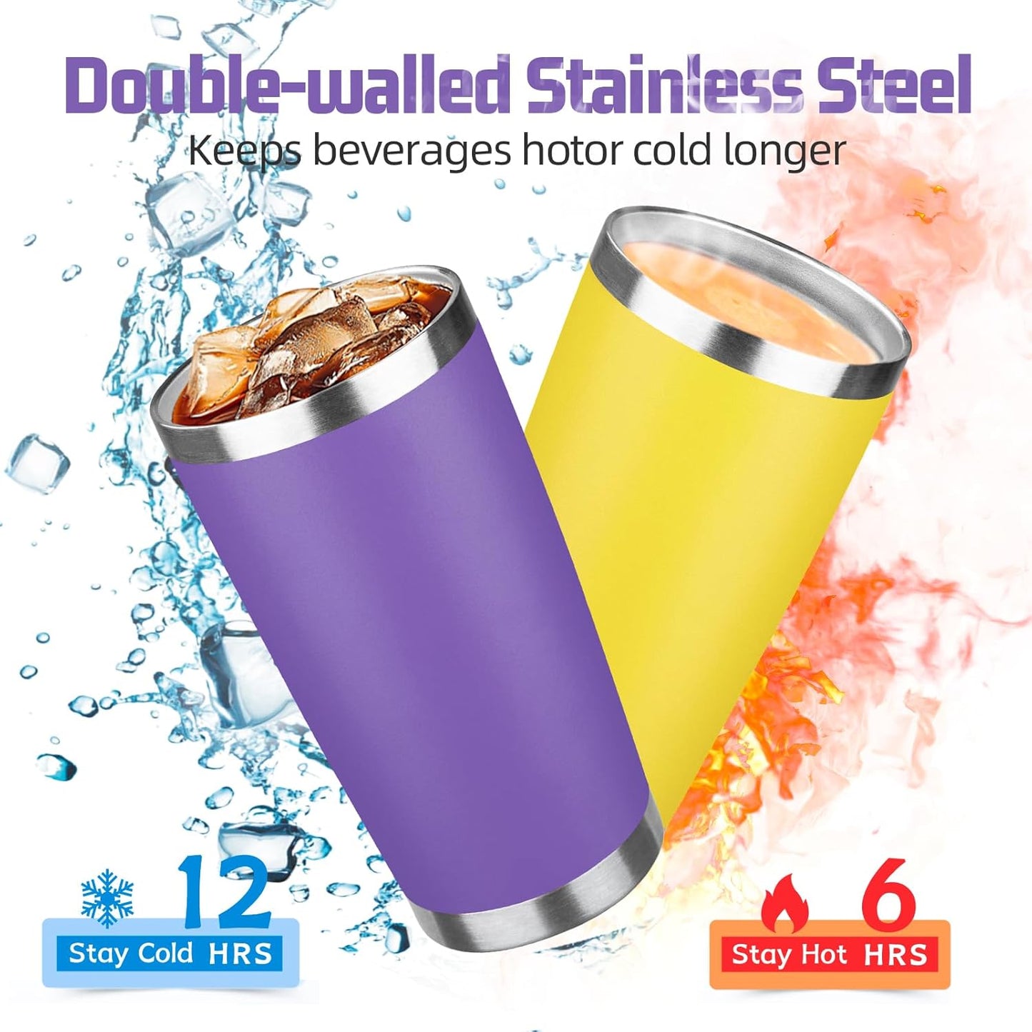 20 oz Tumbler with Lids and Straws, Stainless Steel Insulated Travel Coffee Mug, Double Wall Vacuum Insulated Tumblers, Powder Coated Coffee Tumbler for Cold & Hot Drinks (Light Purple)