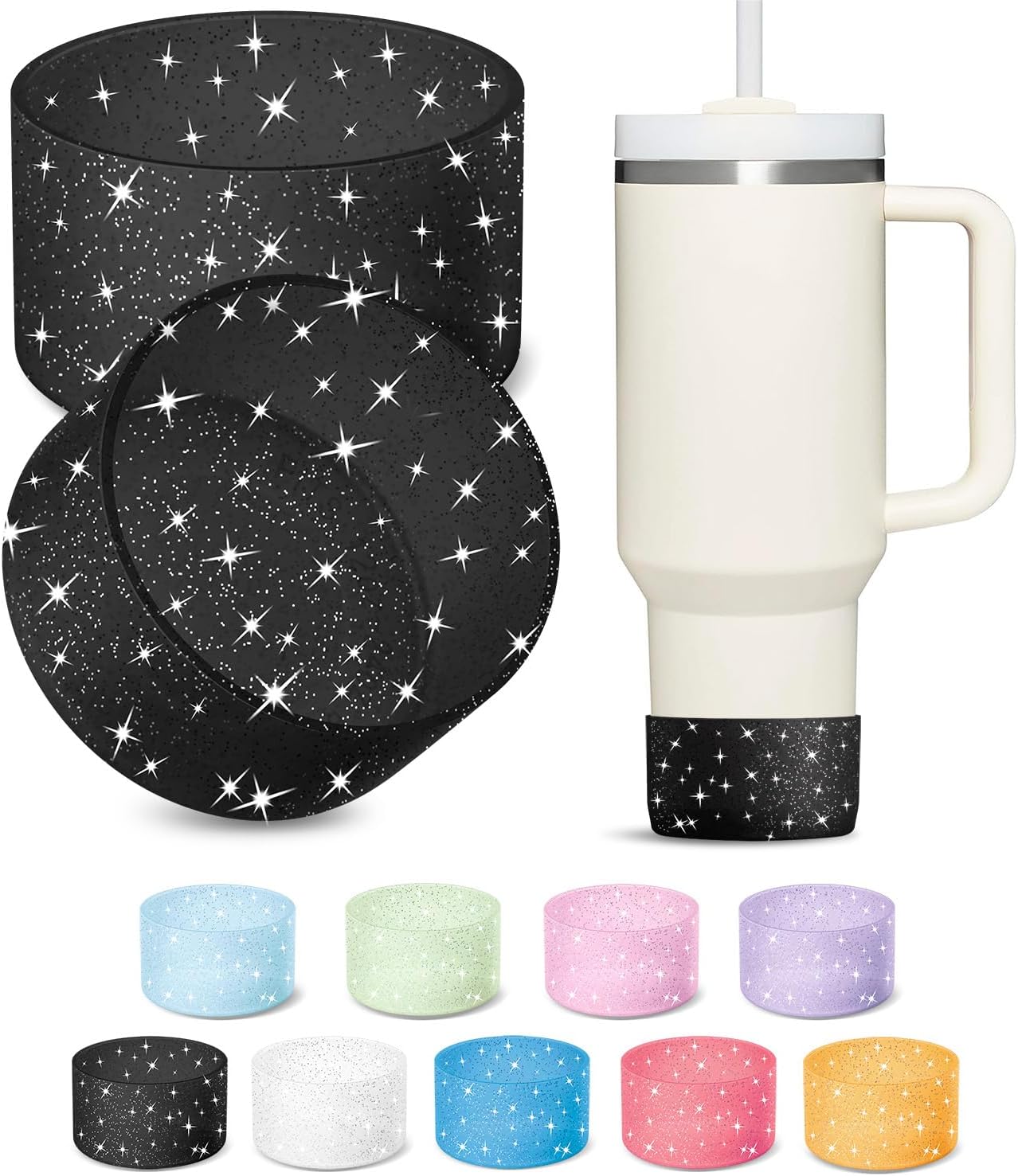 KTKUDY 2 PCS Glitter Silicone Boot Compatible with Stanley Tumbler 20 30 40 oz & Fits Hydro Flask Water Bottle 12-24oz & Fits Yeti, Simple Modern, Owala Cup - Bling Cup Bottom Protector Accessories