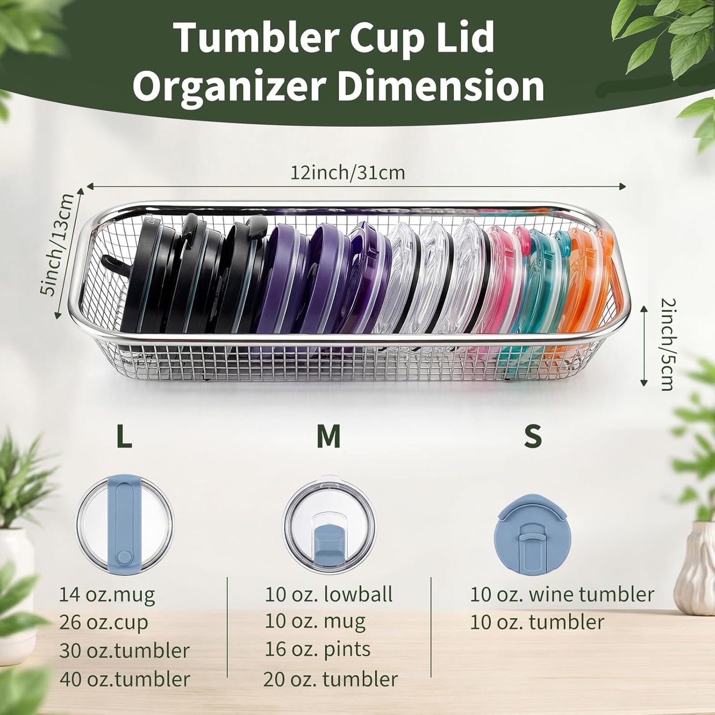 Sawysine 3 Pcs Tumbler Storage Set, Expandable Water Bottle Organizer for Cabinet, Include 2 Stainless Steel Cup Lid Organizer and 3 Tier Adjustable Bottle Holder Rack for Kitchen, Sport Flask, Fridge