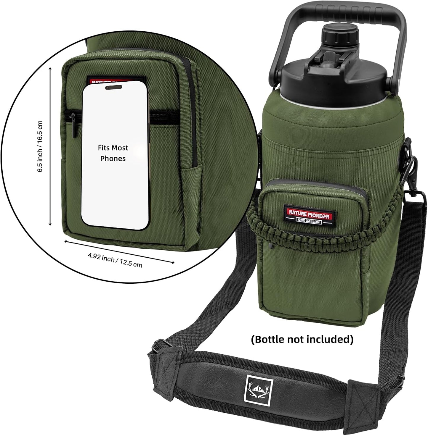 NATURE PIONEOR Water Bottle Holder with Adjustable Strap - Half/One Gallon (64/128oz) Insulated Water Bottle Sling Carrier with Phone Pocket & Paracord Handle, Outdoor Camping, Hiking, Gym