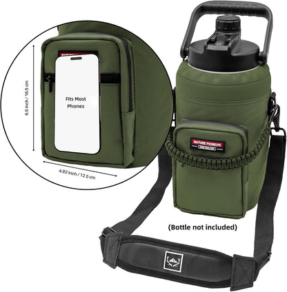 NATURE PIONEOR Water Bottle Holder with Adjustable Strap - Half/One Gallon (64/128oz) Insulated Water Bottle Sling Carrier with Phone Pocket & Paracord Handle, Outdoor Camping, Hiking, Gym