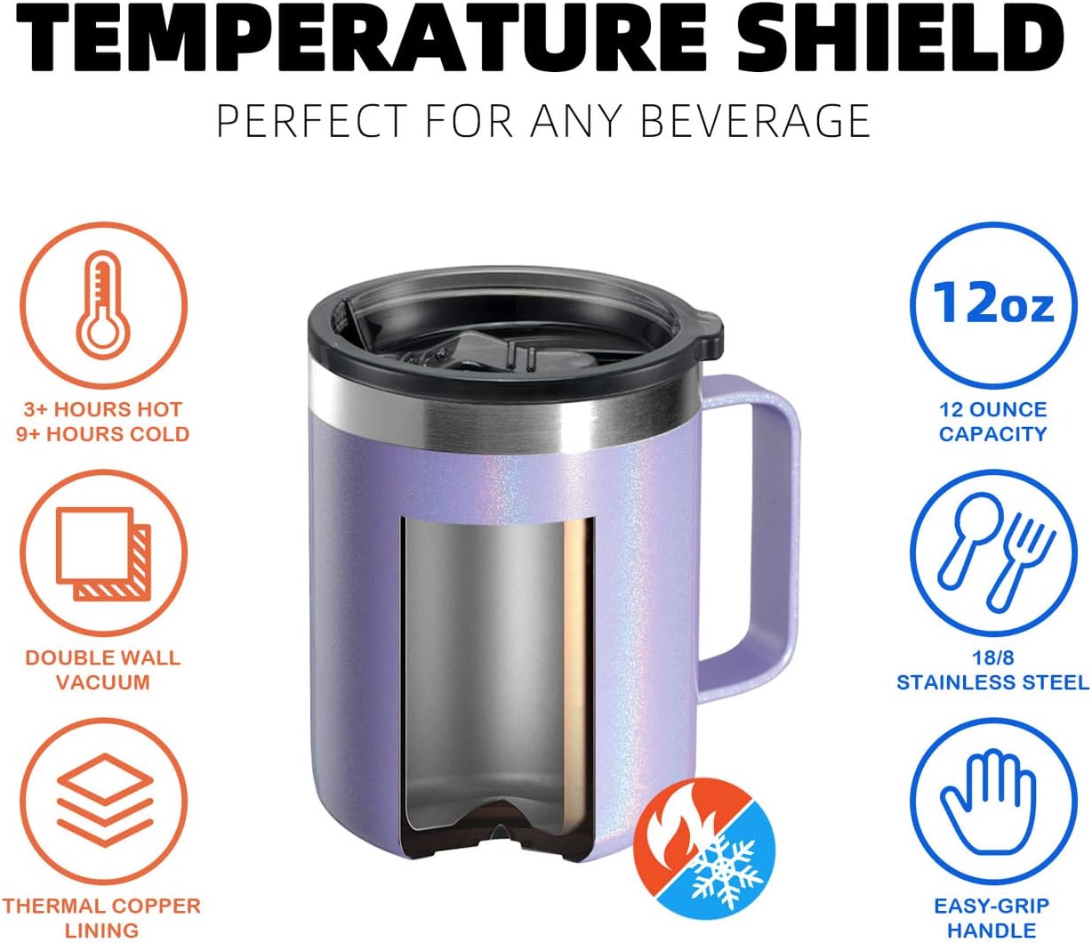 12oz Insulated Coffee Mug Cup with Handle, Stainless Steel Travel Coffee Mug with Flip Lid, Double Wall Vacuum Coffee Tumbler, Navy