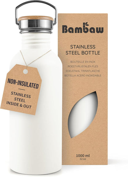 Bambaw Stainless Steel Water Bottles 32 oz, Non-insulated Single Wall Metal Water Bottle Stainless Steel, Reusable & Eco Friendly, Dishwasher Safe – Silver | Non-insulated