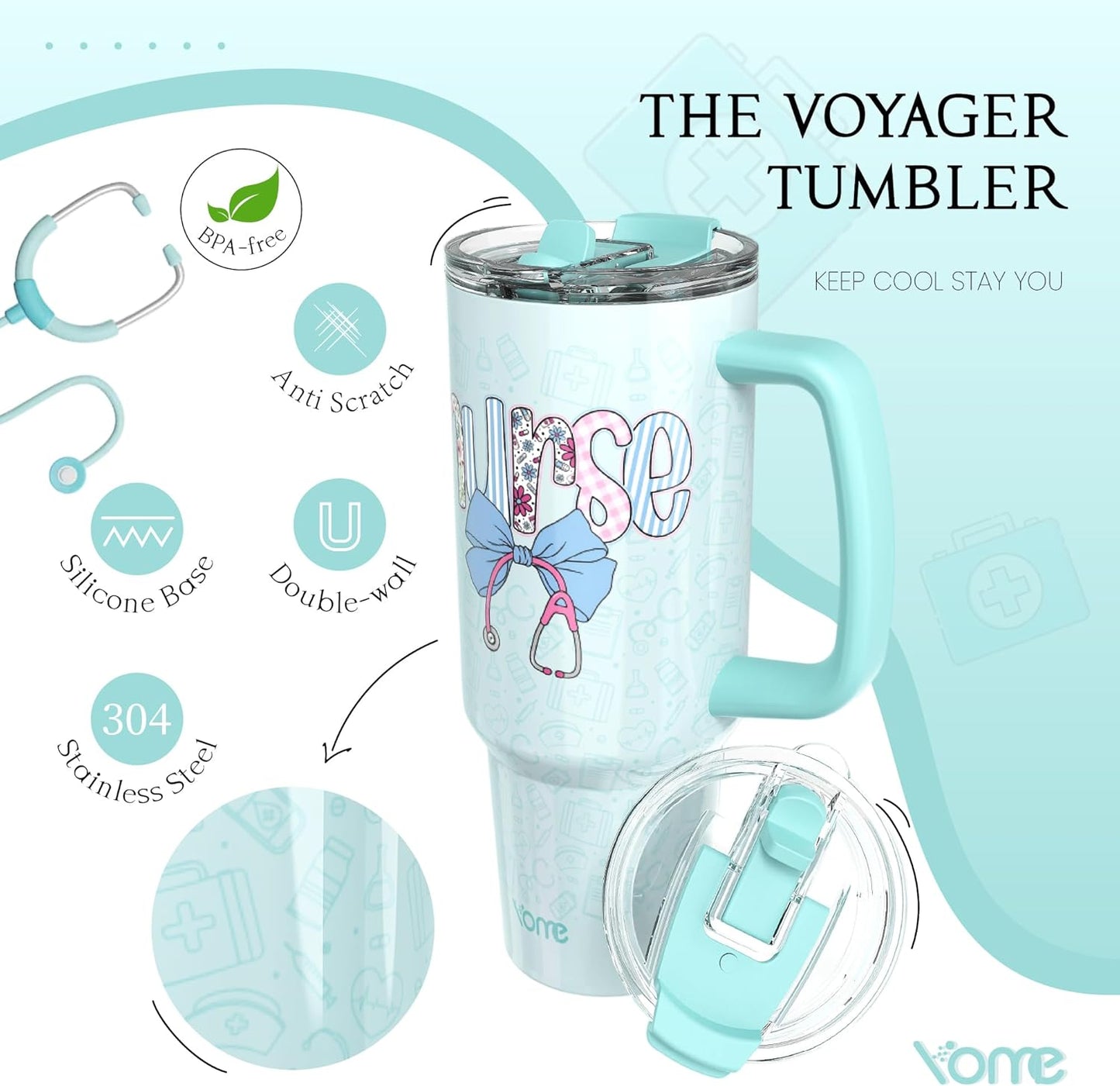 YOME 40oz Nurse Tumbler with Handle and Flip Straw | Stainless Steel Insulated Water Bottle | Keeps Drinks Cold | Dishwasher Safe | Cupholder Friendly | Gift Gym Travel Yoga