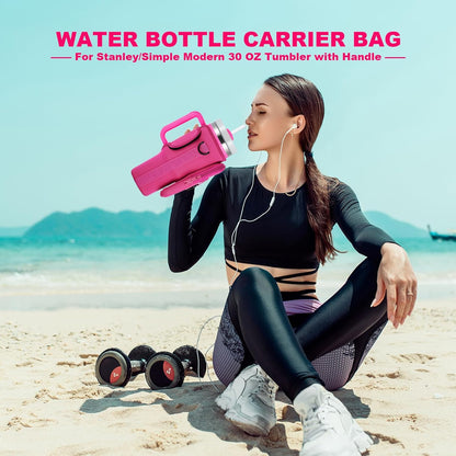 BULKITEM Water Bottle Carrier Bag with Phone Pocket for Stanley 40 & 30 oz Tumbler with Handle,Pink Insulated Neoprene Cup Holder Pouch w/Adjustable Strap for Quencher H2.0 Stanley Cup Accessories