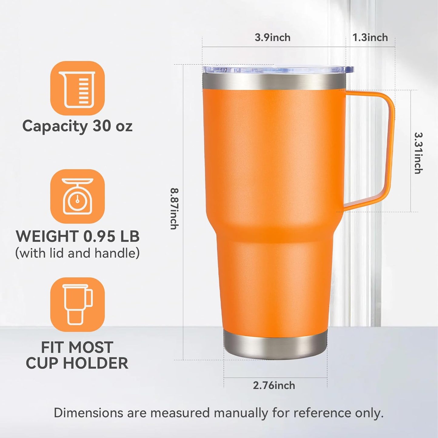 30 oz Tumbler with Handle and Lid, Stainless Steel Tumblers Double Wall Vacuum Insulated Travel Mug Leak Proof Cup Keep Drinks Cold and Hot Black, 1 Pack