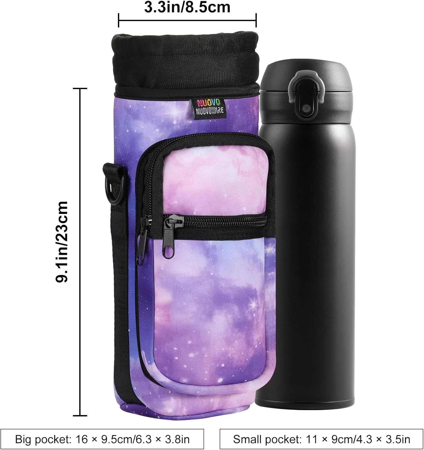 Nuovoware Water Bottle Carrier Bag,25oz/40oz/64oz Bottle Pouch Holder,Adjustable Shoulder Hand Strap 2 Pocket Sling Neoprene Sleeve Sports Accessories for Hiking Travelling Camping