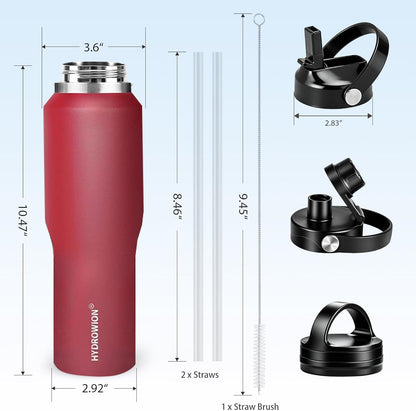 HYDROWION 32oz Stainless Steel Water Bottle(Cold for 48 Hrs, Hot for 24 Hrs),Double Wall Vacuum Insulated Water Bottle with Straw Lid, Spout Lid and Flex Cap, Fit in Any Car Cup Holder,Black