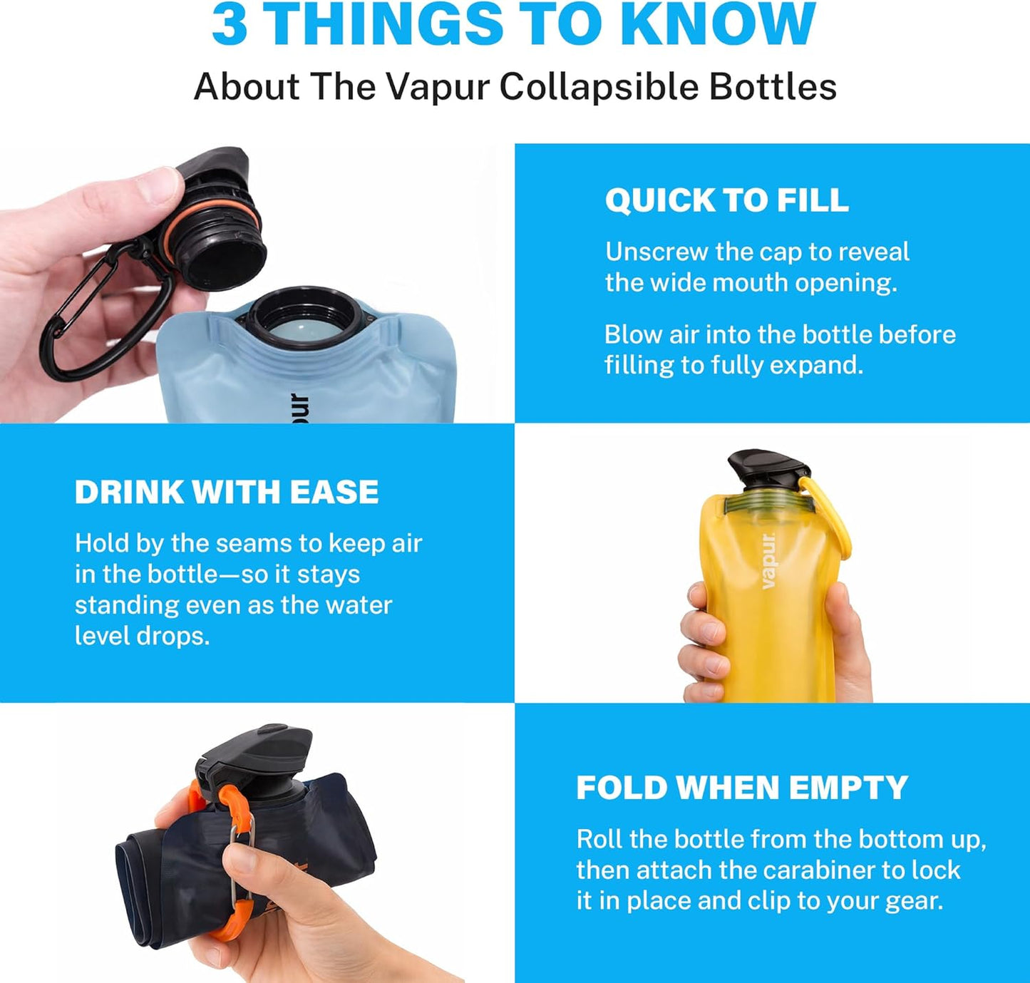 Vapur Collapsible Water Bottle with Carabiner - 34oz (1L), Night Blue - Flexible and Lightweight Water Bottle for Travel, Concert, Hiking, and Outdoor Adventures - BPA-Free, Dishwasher-Safe, Freezable