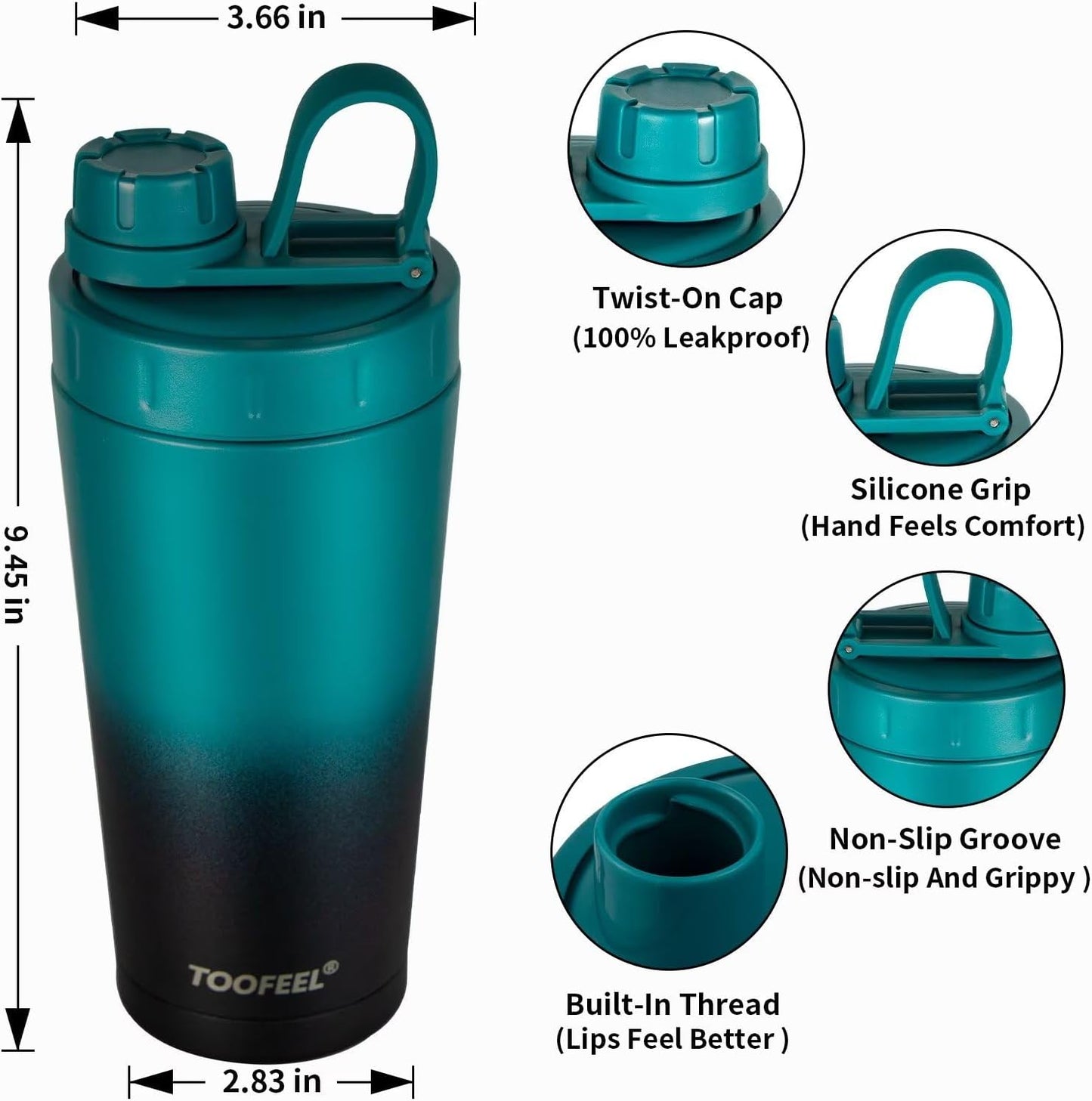 TOOFEEL Protein Shaker Bottle 20 oz - Double Walled Insulated Vacuum Cup for Protein Shakes, Keeps Cold/Hot, Metal Stainless Steel, Preworkout Gym