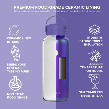 22 oz Ceramic Lined Tea Infuser Travel Tumbler, Micro-Mesh Stainless Steel Infuser, Pure Taste Ceramic Interior, Triple Insulated 12hr Hot Cold, Dual Sip & Straw Lid, Scratch-Resistant
