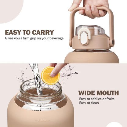 64oz Glass Water Bottles with Straw, Half Gallon Motivational Glass Bottle with Silicone Sleeve and Time Marker, 2L Leakproof Large Glass Water Jug for Gym Home Office,olive