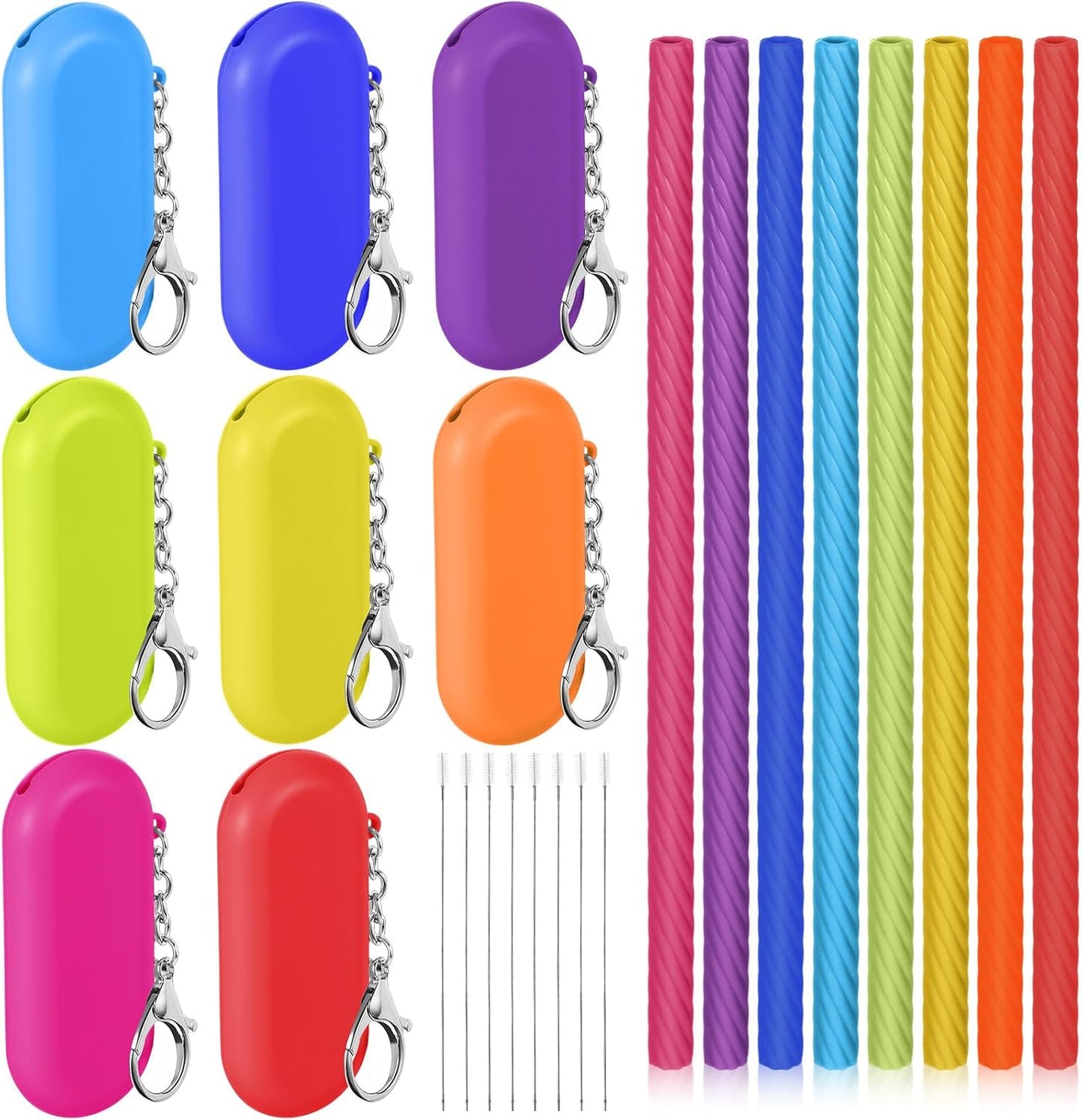 Meanplan 8 Set Cruise Ship Essentials,Silicone Straws with Case Reusable Foldable Portable Drinking Straw for Party Travel Cold or Hot with Carry Case and Cleaning Brushes (Rainbow Colors)