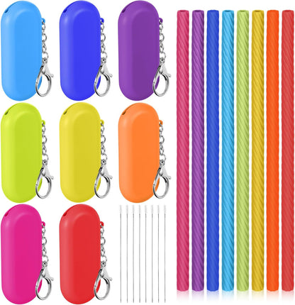 Meanplan 8 Set Cruise Ship Essentials,Silicone Straws with Case Reusable Foldable Portable Drinking Straw for Party Travel Cold or Hot with Carry Case and Cleaning Brushes (Rainbow Colors)