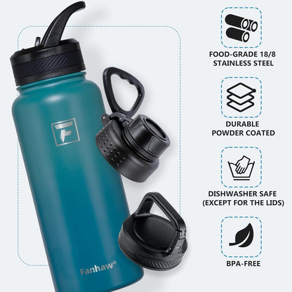 Fanhaw 40 oz Insulated Water Bottle – Stainless Steel Flask with 3 Lids (Straw, Spout, Carabiner) | Durable, Leakproof, for Hiking, Camping, Outdoor Adventures & Travel (Green Blue)