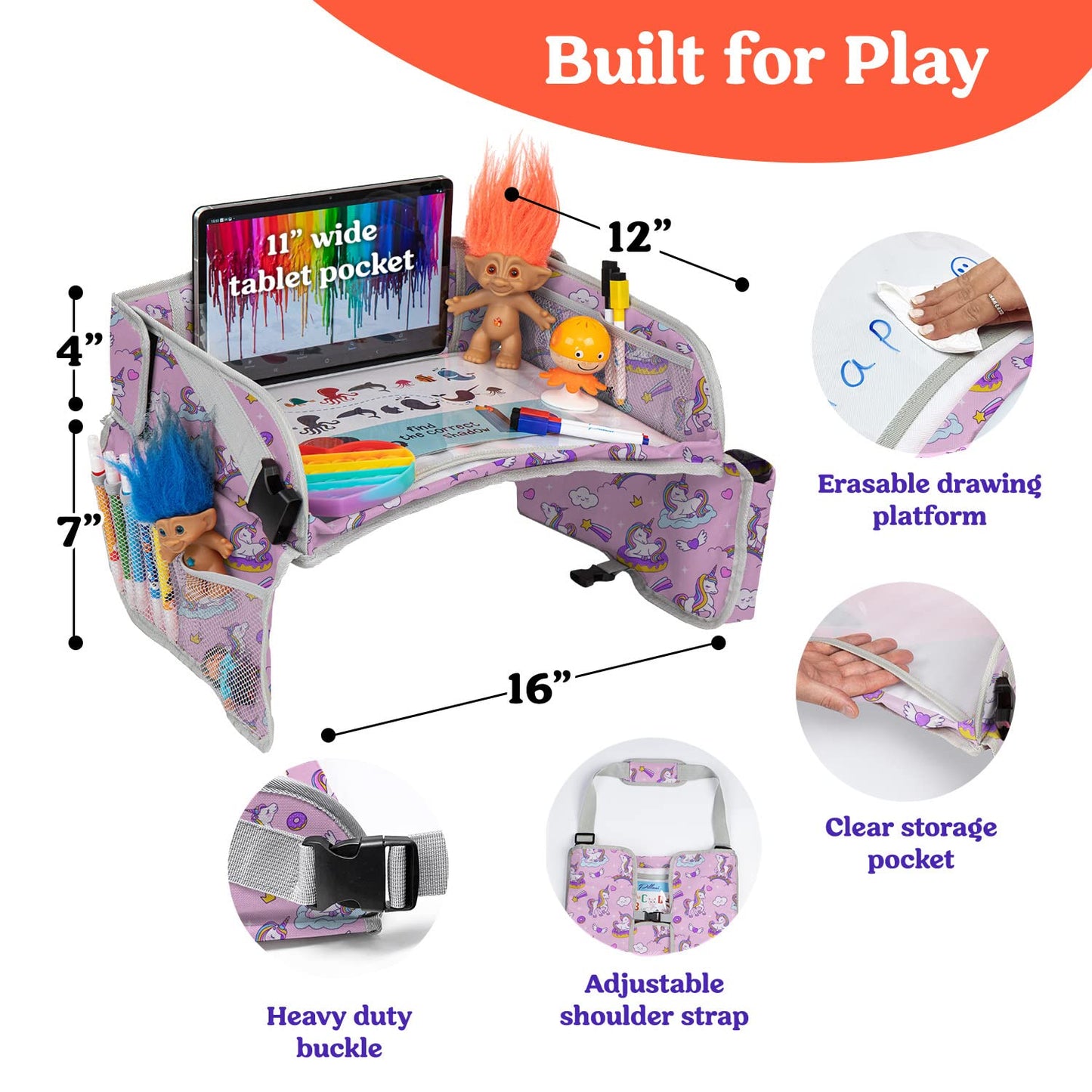 PILLANI Kids Travel Tray for Car - Car Seat Tray with Activity Sheets & Pens, Road Trip Essentials for Car & Airplane, Must Have Toddler Travel Lap Desk Accessories - Road Trip Activities for Kids
